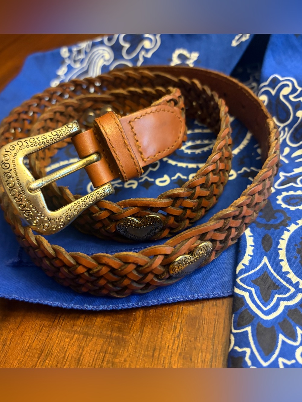 Vintage Y2K Fossil Classic Leather Braided Belt Silvertone Heart Conchos